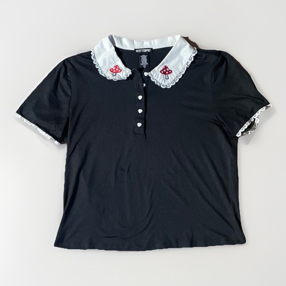 HOT TOPIC Polo Shirt Women's Junior Large Black Mushroom Embroidered Crop‎ Top - Picture 1 of 3